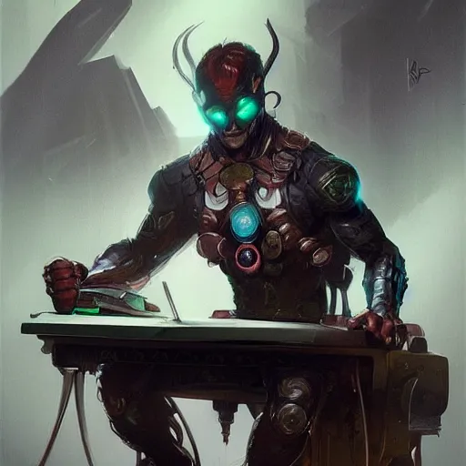 Image similar to a insanely detailed painting of a nft superhero wearing a costume, sitting at a computer desk, nervously and clicking on the mouse, in the style of peter mohrbacher, dramatic lighting and composition, trending on artstation, concept art, comic book