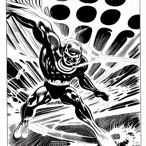 Image similar to comic splash page style, kirby krackle, emanating from marvel sliver surfer body, by jack kirby, wally wood, black and white only, asymmetrical, organic ink drawing, comic splash page style h 1 0 2 4