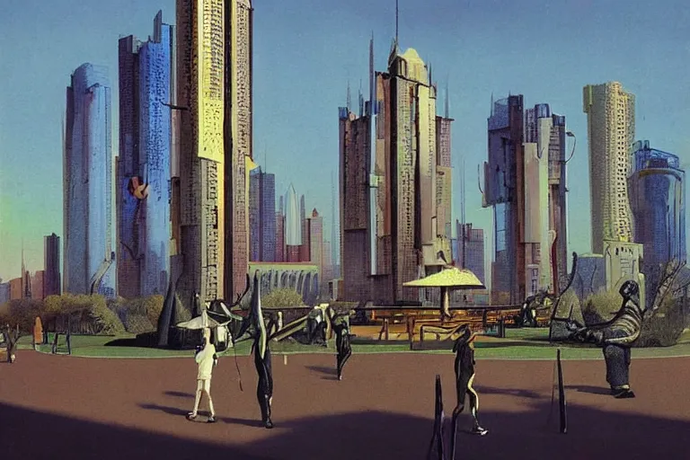 Prompt: city park surrounded by a tall defense wall. art in cyberpunk style by dali, and vincent di fate