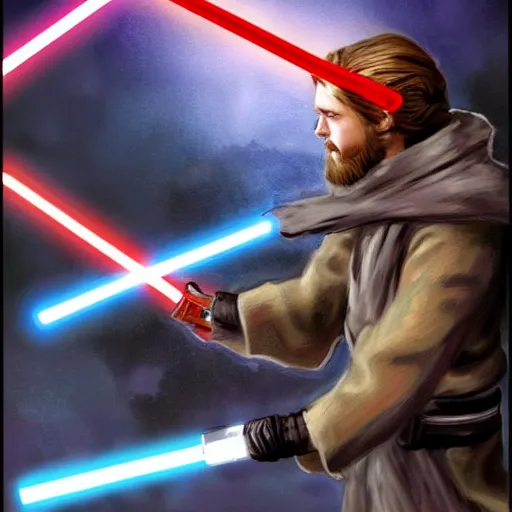 Prompt: obiwan fighting anakin with lightsabers digital art painting