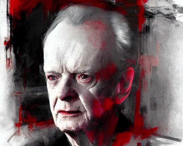 Prompt: portrait of palpatine ian mcdiarmid in shades of grey but with red by jeremy mann