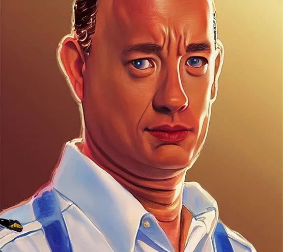 Prompt: Tom hanks as forrest gump wearing a necklace made out of shrimps, realistic face, digital art, in the style of Raphael Lacoste, amazing detail, artstation