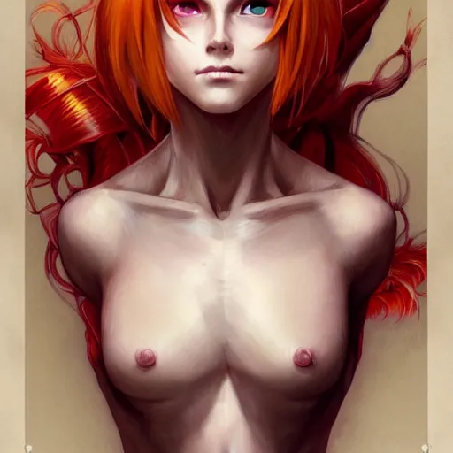 Prompt: portrait of hisoka morow hunter hunter, male, sharp jaw yellow eyes small eyes red hair crimson medium length hair, anime, fantasy, intricate, elegant, highly detailed, digital painting, artstation, concept art, matte, sharp focus, illustration, art by artgerm and greg rutkowski and alphonse mucha