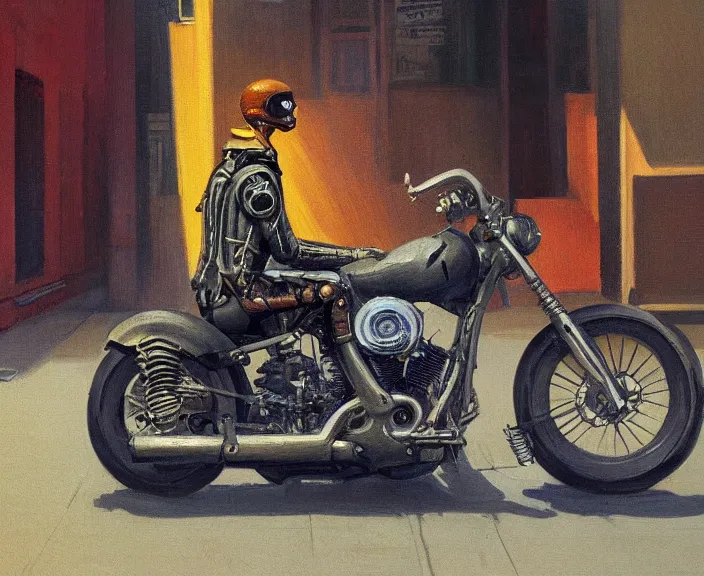 Image similar to a very detailed painting of a skeleton wearing a military jacket, riding a motorbike down a street, harley davidson motorbike, worm's - eye view, very fine brush strokes, very aesthetic, very futuristic, in the style of edward hopper and grant wood and syd mead, 4 k,