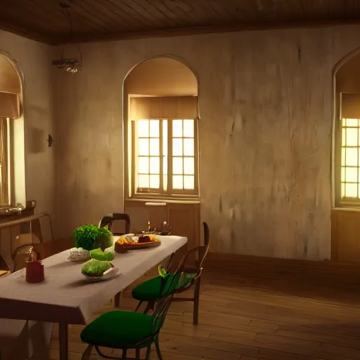 Image similar to what's for dinner? unreal 5, daz, hyperrealistic, octane render cinematic volume inner glowing aura global illumination ray tracing hdr