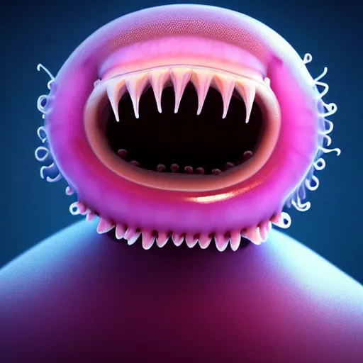 Image similar to a beautiful extreme wide uncropped full body photograph of an entire super cute jellyfish monster with huge sad eyes and sharp fangs in a wide open mouth, highly detailed, smooth, very very clean, 8 k, cinematic movie photograph, cinematic lighting, octane render, zbrush central contest winner, 3 d maya render