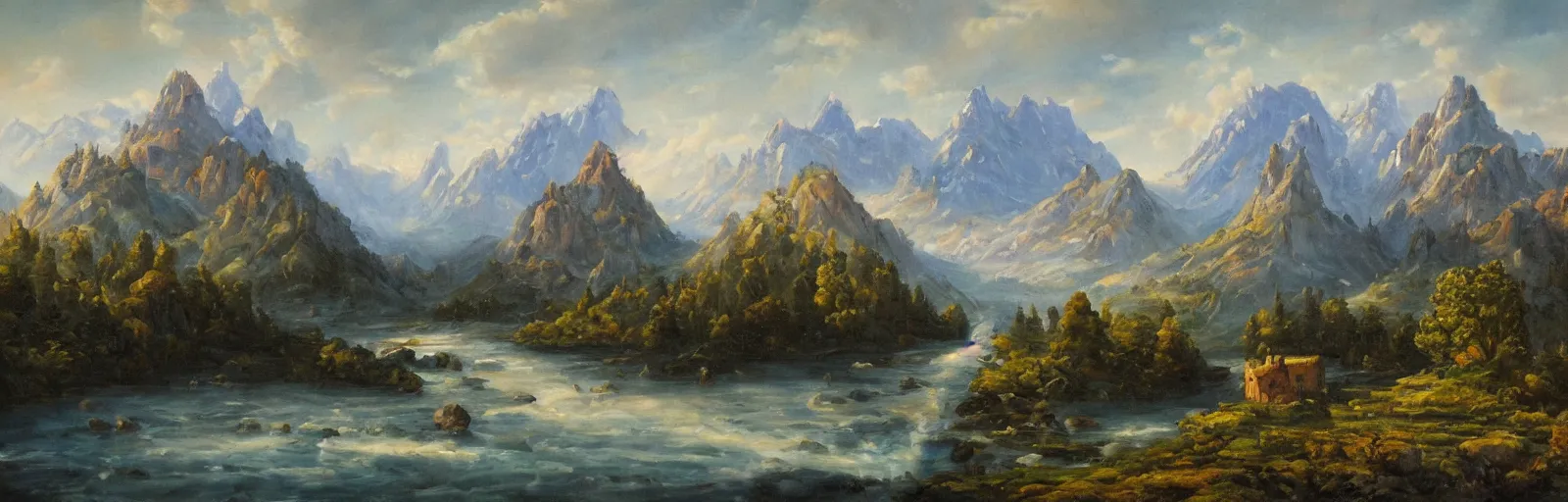 Prompt: landscape painting of multiple large castles connected,mountains,oil canvas,by Paul Bril,masterpiece,high quality,pretty,fantasy