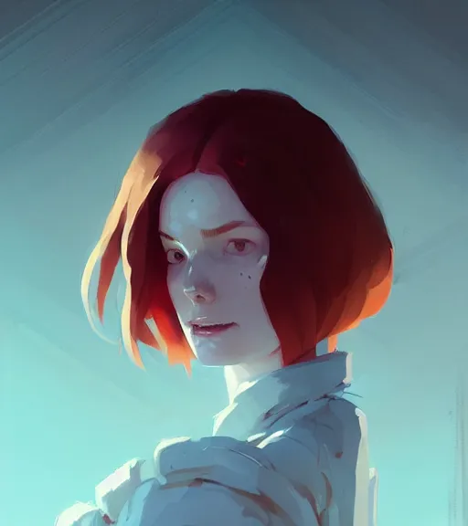 Prompt: portrait of a female mage, red hair, by atey ghailan, by greg rutkowski, by greg tocchini, by james gilleard, by joe fenton, by kaethe butcher, dynamic lighting, gradient light blue, brown, blonde cream and white color scheme, grunge aesthetic