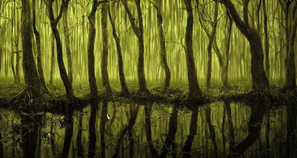 Prompt: A dense and dark enchanted forest with a swamp, by Jason De Graaf