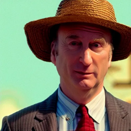 Image similar to film still of Bob Odenkirk as Stan S Stanman wearing a straw hat and checkerboard suit in the Monkey Island movie