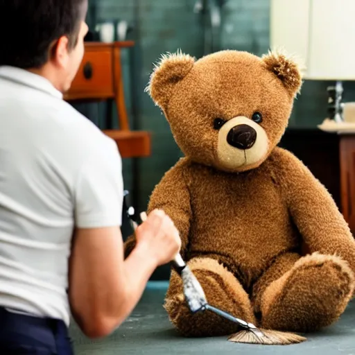 Prompt: Teddybear is standing with brush in his hand, sweating a lot while polishing shoes