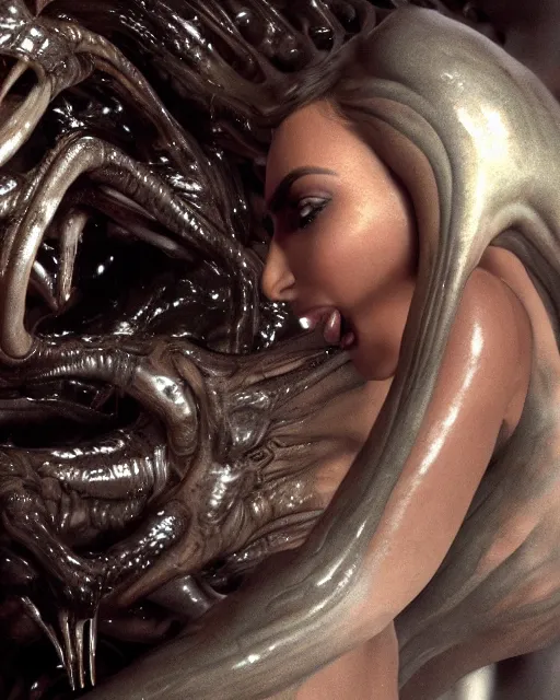 Image similar to film still of kim kardashian being licked by an xenomorph slathered in a transparent alien liquid, wet flowing hair, gooey skin, illustration, unreal engine 5, 8 k, directed by h. r. giger.