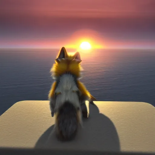 Image similar to high quality photo of star fox looking out at the ocean at sunset realism 8k award winning photo