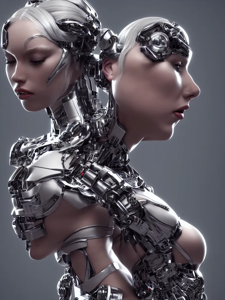 Prompt: a centered render of an alluring cyborg goddess, full body, gorgeous face, perfect face, powerful, by viktoria gavrilenko, 3 d, trending on artstation, octane render, 8 k