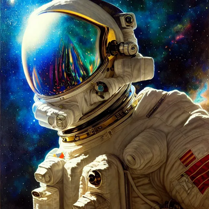 Image similar to astronaut with psychedelic reflections on helmet, diffuse lighting, fantasy, intricate, elegant, highly detailed, lifelike, photorealistic, digital painting, artstation, illustration, concept art, smooth, sharp focus, art by John Collier and Albert Aublet and Krenz Cushart and Artem Demura and Alphonse Mucha