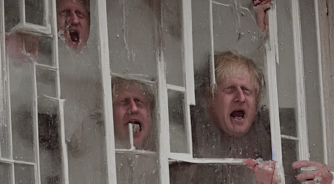 Image similar to a zoomed out photo taken from the inside of an old house, showing window blinds being pulled back to reveal a terrifying boris johnson with his unhinged face pressed against the window and his bloody hands placed on the window, horrifying grin. horror, raining, night time