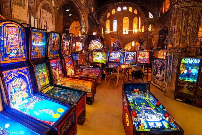 Prompt: the hagia sophia sanctuary converted into a retro videogame arcade with pinball tables, game cabinets, pachinko contraptions, crowd of people playing at them