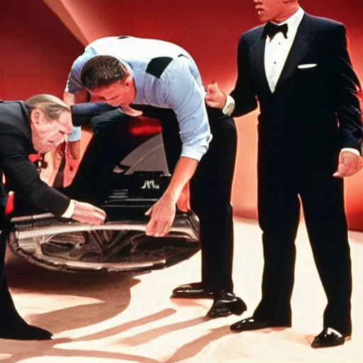 Prompt: mad vince mcmahon yelling at sad james bond for spilling milk in the floor