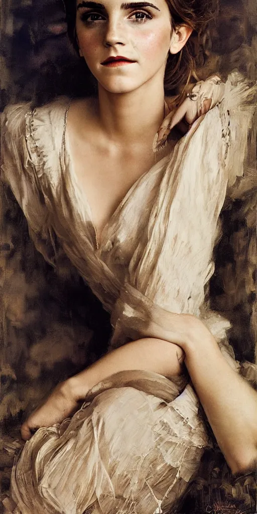 Prompt: emma watson coyly smiling detailed portrait painting by gaston bussiere craig mullins j. c. leyendecker photograph by richard avedon peter lindbergh annie leibovitz