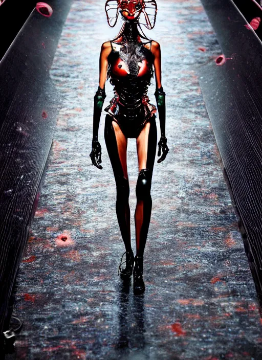 Image similar to walking down the catwalk, steven klein, ben watts, show, stage, vogue photo, podium, fashion show photo, iris van herpen, beautiful woman, perfect body, full body shot, helmet on face, masterpiece, guyver, jellyfish, biomechanical details, movie still, fauvism, cinestill, bokeh, gelios lens