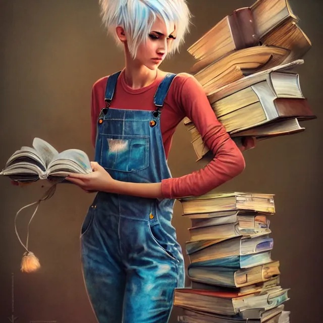 Image similar to full body pose, beautiful adult fairy, pixar, short white hair shaved sides, dirty, grungy, grunge, long sleeve, painted overalls, stacks of giant books, highly detailed, 4 k, hdr, smooth, sharp focus, high resolution, award - winning photo, artgerm, photorealistic