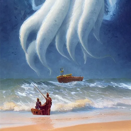 Prompt: an enormous eldritch sea monster peaking it's gigantic head out of the ocean in front of a tiny lifeboat with two children. detailed. photo realistic. john charles dollman. rhads. tianhua xu.
