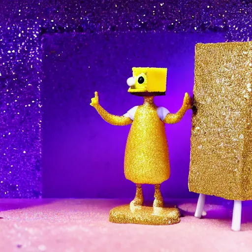 Image similar to Sponge Bob with silver-violet hair, white eyes and golden glittery dress, wide lens, diorama, 4k,