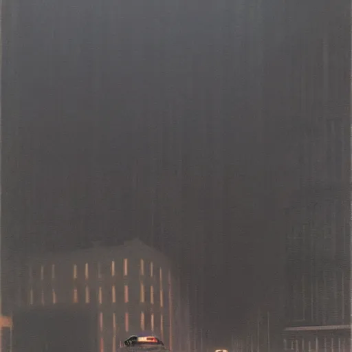 Prompt: A mysterious figure sitting at a black 1970's Chrysler Le Baron with the headlights on, parked on the side of the road in the city of New York while it is raining, by George Tooker, dark and dim, moody, sinister, lighting, 8k render, hyperrealistic height 768