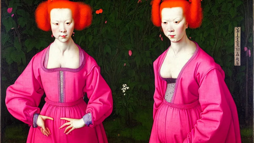 Image similar to full length portrait of a woman with red hair and big hair curlers, wearing a neon pink baggy pajamas, standing in a botanical garden, intricate details, highly detailed, in the style of rogier van der weyden and jacopo da pontormo, punk, masterpiece, asian art
