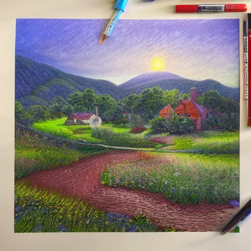 Image similar to dreamscape little countryside landscape colored pencil, highly detailed, highly accurate, deep aesthetic, 8 k, highly ornate intricate details, cinematic lighting, rich colors, ray tracing, hyperrealistic, photorealistic, cinematic landscape, trending on artstation,