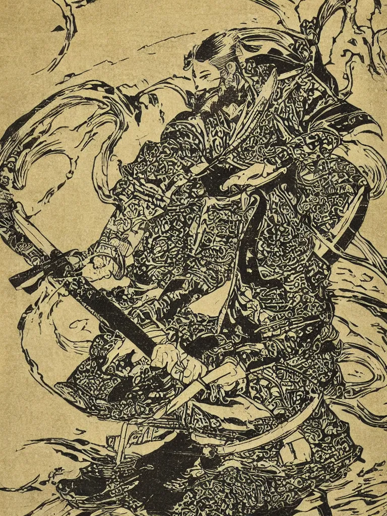 Image similar to old printmaking woodblock print of a intricately detailed samurai with a katana standing in water with ripples around him and a big sun above, beautiful dark fantasy, 8k detail