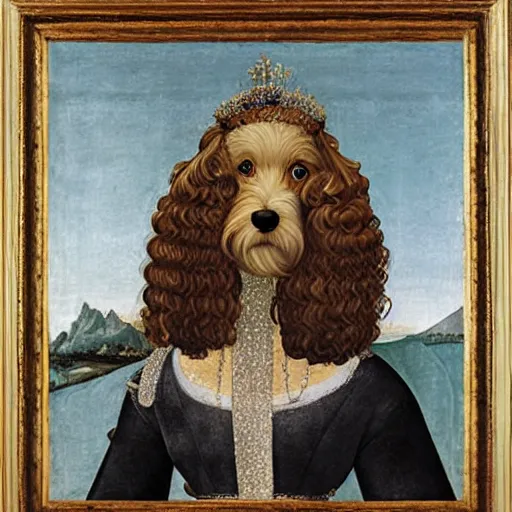 Image similar to portrait of a white labrododdle dog with curly white fur as an italian queen, painting by botticelli, 1 4 8 0 s