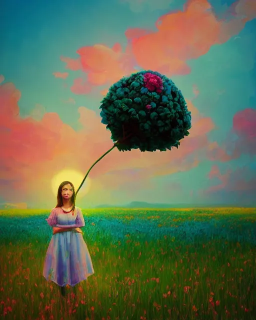 Prompt: girl with a giant carnation head, surreal photography, flower field, sunset dramatic light, impressionist painting, colorful clouds, blue sky, digital painting, artstation, simon stalenhag