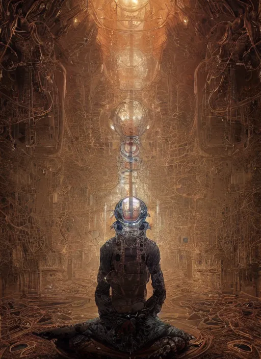 Image similar to portrait of a meditating cybernetic monk, cyberpunk, fractal, in the style of ghosts in the shell, intricate ornaments, elegant, highly detailed, digital photography, subsurface scattering, by jheronimus bosch and greg rutkowski,