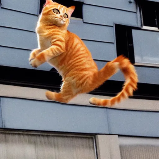 Image similar to orange tabby cat dual wielding AK-47s, while jumping backward out a window