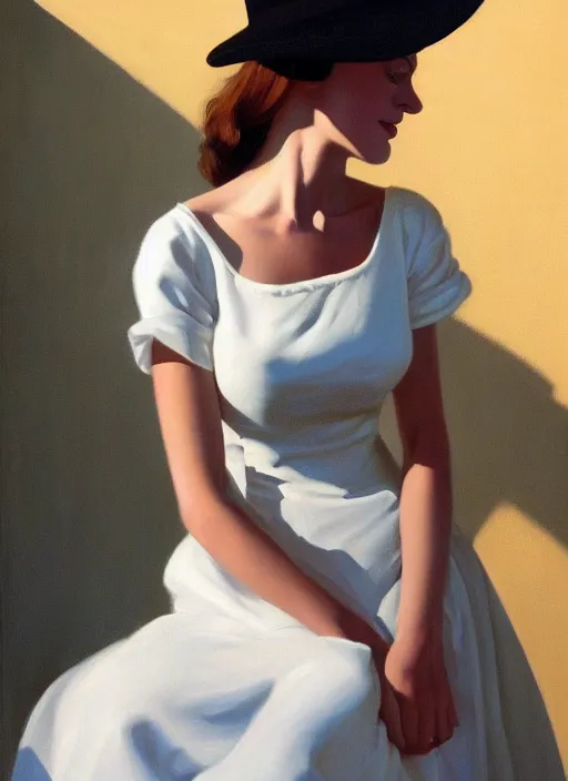 Prompt: a portrait of an beautiful happy young girl in a white dress wearing a hat, highly detailed, dramatic lighting, intense shadows, rich deep colours, by jack vettriano