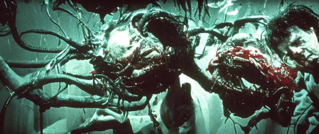 Image similar to filmic wide shot dutch angle movie still 35mm film color photograph of a doctor getting his face torn off and mutilated by a dangerous spined bundle of alien worms coming from off camera, blood flying in the air, in the style of a 1982 horror film