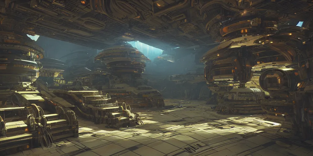 Prompt: cinematic shot of the interior of a sci-fi space station with tribal Orcish architecture, epic castle, Roger Dean, Chris Foss, artstation, sharp focus, realistic, octane render, nvidia raytracing demo