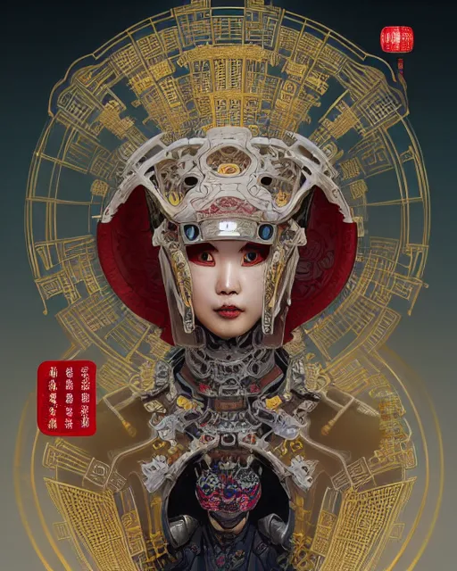 Image similar to portrait of a chinese cyberpunk machine, machine face, robed, upper half portrait, decorated with chinese opera motifs regal royal fierce machine robot cyberpunk fine china, wuxia, traditional chinese art intricate intense elegant highly detailed digital painting artstation concept art smooth sharp focus illustration, art by artgerm and greg rutkowski alphonse mucha 8 k