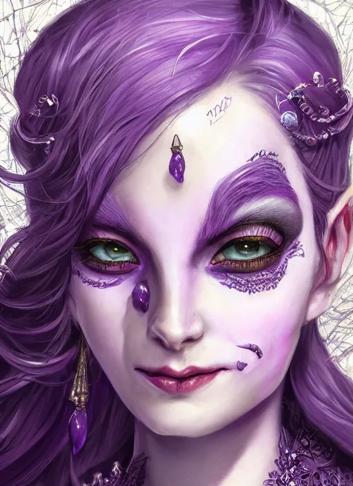 Image similar to purple skin, Tiefling , smiling, beautiful detailed eyes, cute, fantasy, intricate, elegant, highly detailed, digital painting, 4k, HDR, concept art, detailed jewelry, smooth, sharp focus, illustration, by Wayne Reynolds