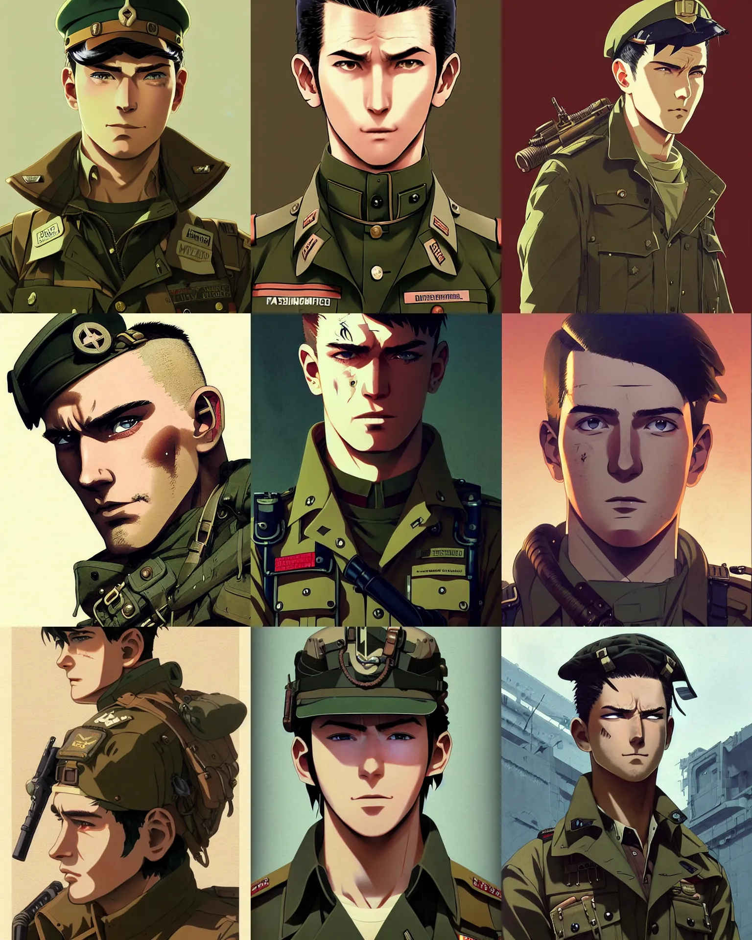 Prompt: A young, ruggedly handsome dieselpunk man in military fatigues || VERY VERY ANIME!!!, fine-face, pretty face, realistic shaded Perfect face, fine details. Anime. realistic shaded lighting poster by Ilya Kuvshinov katsuhiro otomo ghost-in-the-shell, magali villeneuve, artgerm, Jeremy Lipkin and Michael Garmash and Rob Rey