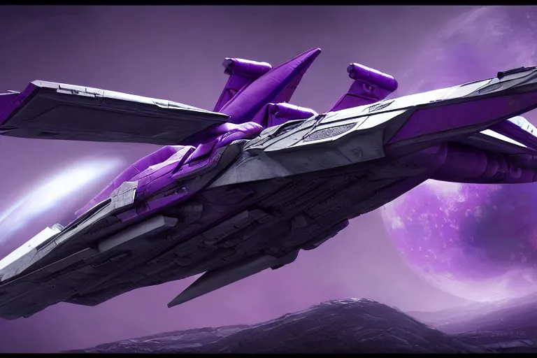 Prompt: alien military fighter spacecraft, purple, futuristic, apocalyptic, by jon aaron kambeitz, katsuhiro otomo, heng z, concept art, insanely detailed, raytracing, octane, unreal engine, trending on artstation