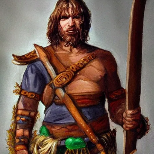 Prompt: full face and body character design reference art of Eoghaill of the Murine Hordes, a La Tene Culture Celtic chieftain and warrior, resplendent and proud of bearing, long black hair, hirstute and muscled, wielding a Celtic longsword, verminous seeming. high quality, high detail, realistic painting, in the style of: Angus McBride, Moebius aka Jean Giraud, and Michael William Kaluta. photorealistic light.