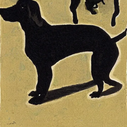 Image similar to a small black dog drinking beer by charles e. burchfield