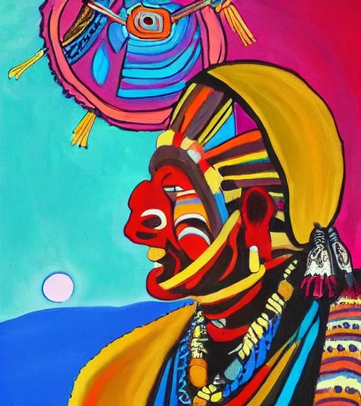 Image similar to Painting of a shaman dressed in a colorful traditional clothes. He is smoking a pipe. From the pipe there is a whole universe escaping and filing the sky