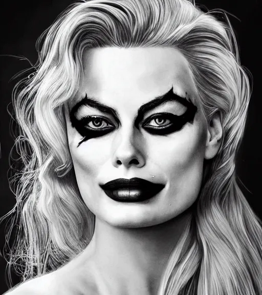 Prompt: photographic still of the beautiful margot robbie portrait with joker makeup, in the style of den yakovlev, realistic face, black and white, realism tattoo, hyper realistic, highly detailed, award winning drawing