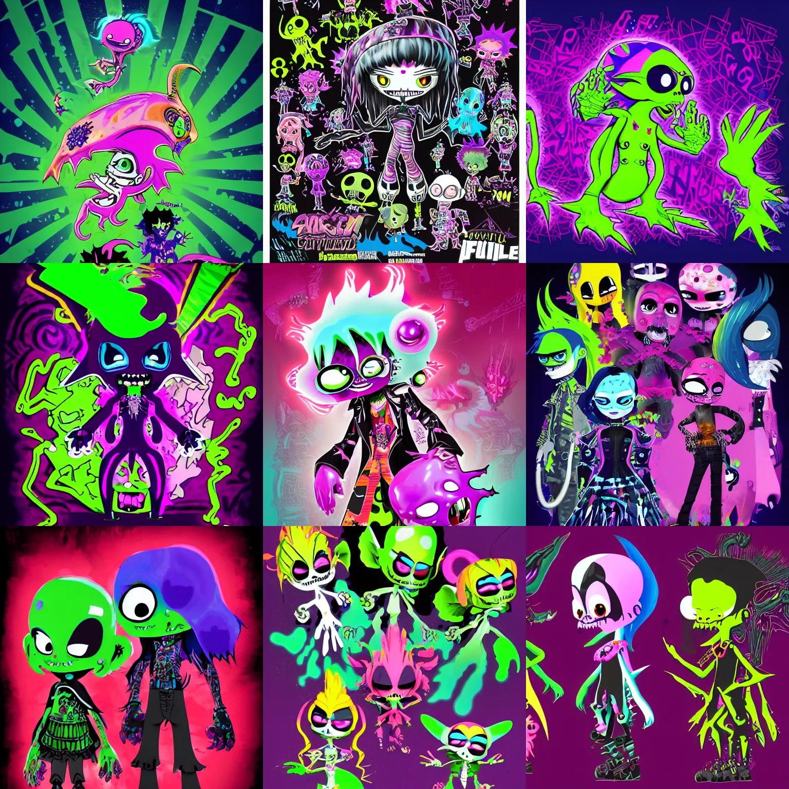 Prompt: CGI lisa frank gothic punk glow in the dark vampiric rockstar vampire squid concept character designs of various shapes and sizes by genndy tartakovsky and the creators of fret nice at pieces interactive and splatoon by nintendo and psychonauts by doublefines tim shafer being overseen by Jamie Hewlett from gorillaz for splatoon by nintendo
