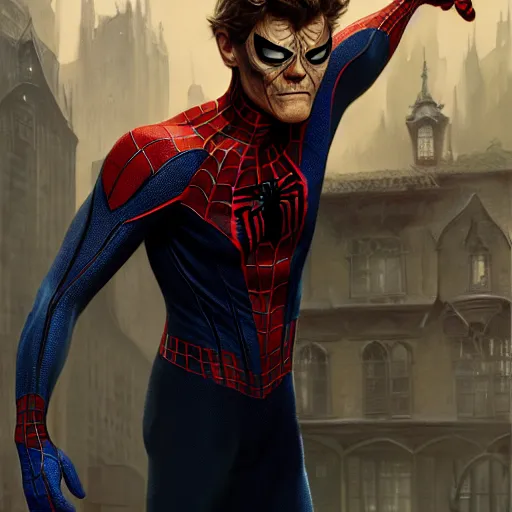 Image similar to handsome Willem Dafoe as Spider-Man, western, D&D, fantasy, intricate, elegant, highly detailed, digital painting, artstation, concept art, matte, sharp focus, illustration, art by Artgerm and Greg Rutkowski and Alphonse Mucha