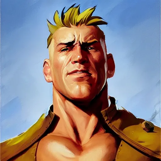 Image similar to greg manchess portrait painting of guile from street fighter as overwatch character, medium shot, asymmetrical, profile picture, organic painting, sunny day, matte painting, bold shapes, hard edges, street art, trending on artstation, by phil hale and gil elvgren and gerald brom