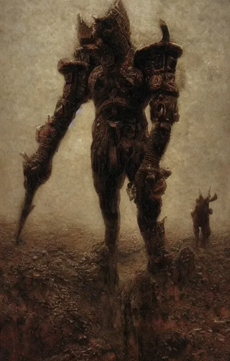 Prompt: minotaur in ancient armor, beksinski, ruan jia,